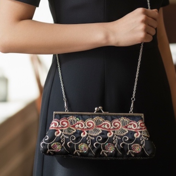 Aldo Beaded Floral Satin Evening Bag Embroidered 2 Removable Chain Straps - Picture 5 of 11